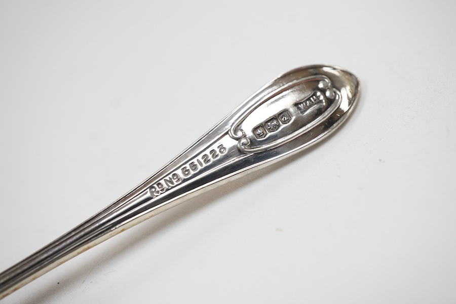 A cased set of six George V silver teaspoons and pair of sugar tongs, by Walker & Hall, Sheffield, 1918, together with a set of ten sterling coffee spoons, with floral terminals, a sterling tea strainer and a boxed Eliza